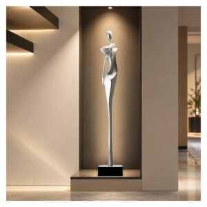 Figurka abstrakcyjna kobieta z żywicy 76 cm, wysoka rzeźba do salonu - wariant srebrny