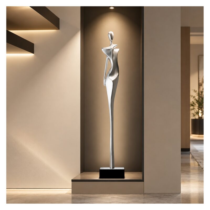Figurka abstrakcyjna kobieta z żywicy 76 cm, wysoka rzeźba do salonu - wariant srebrny
