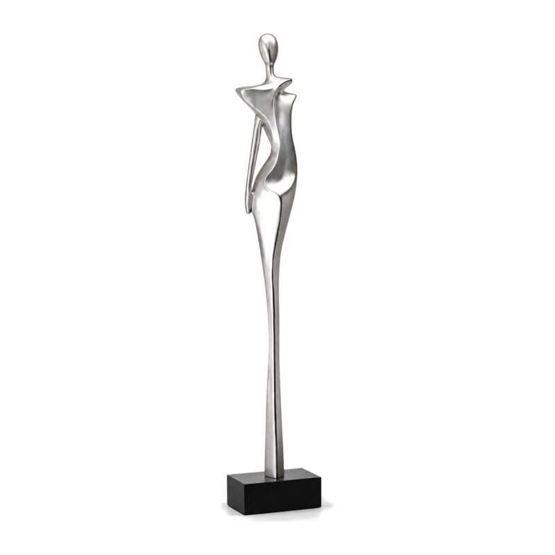 Figurka abstrakcyjna kobieta z żywicy 76 cm, wysoka rzeźba do salonu - srebrna wersja figurki, packshot na białym tle