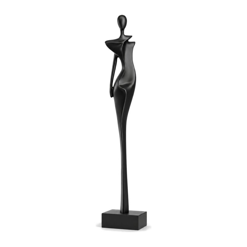 Figurka abstrakcyjna kobieta z żywicy 76 cm, wysoka rzeźba do salonu - czarna smukła wersja figurki, packshot na białym tle