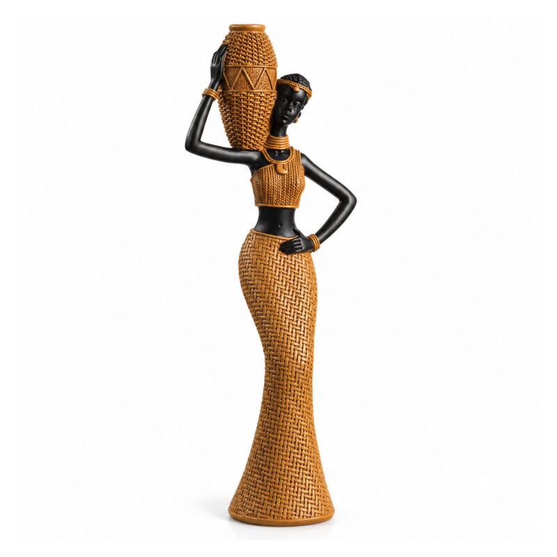 Figurka afrykańskiej kobiety z dzbanem z żywicy, dekoracja etniczna - wariant C - dzban na ramieniu, ok. 28 cm