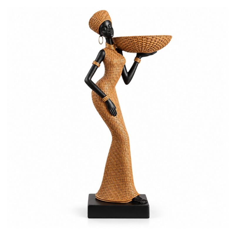 Figurka afrykańskiej kobiety z dzbanem z żywicy, dekoracja etniczna - wariant D - misa w dłoni, ok. 32 cm