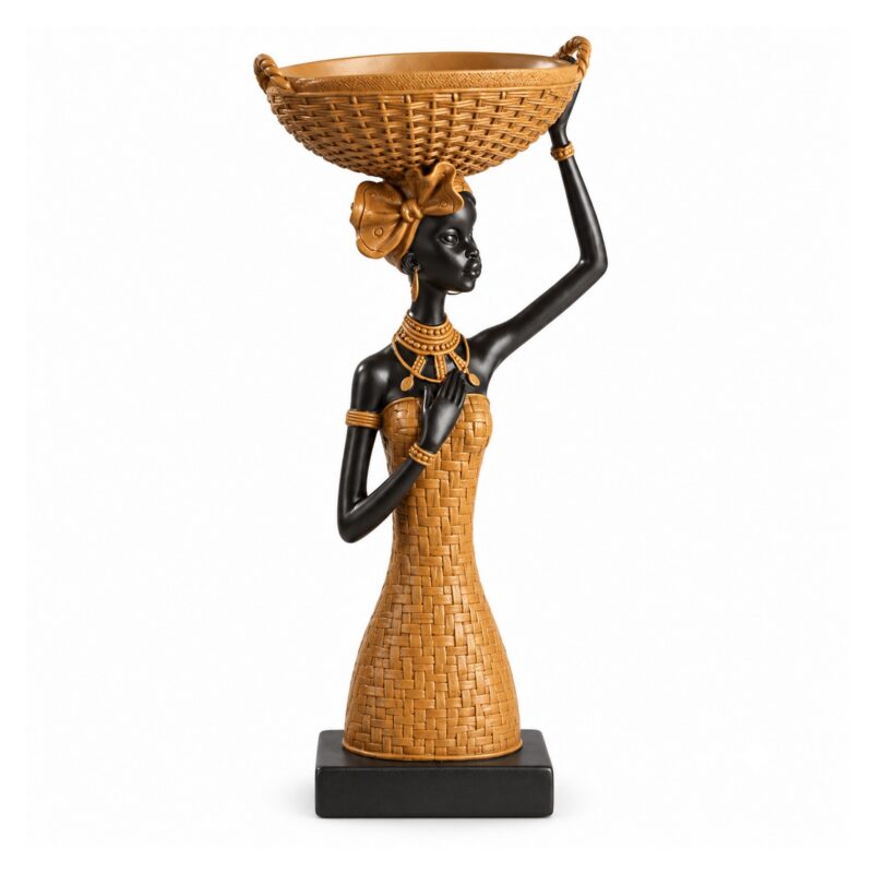 Figurka afrykańskiej kobiety z dzbanem z żywicy, dekoracja etniczna - wariant E - misa na głowie, ok. 32 cm