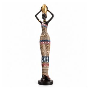 Figurka afrykańskiej kobiety z dzbanem z żywicy, dekoracja etniczna - wariant F - złoty dzban, wzorzysta suknia, 44 cm