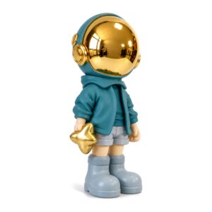Figurka astronauty z żywicy ze złotym lustrzanym hełmem, 33 cm - wersja niebieska na białym tle, bez linii wymiarowych i napisów
