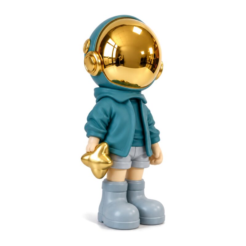 Figurka astronauty z żywicy ze złotym lustrzanym hełmem, 33 cm - wersja niebieska na białym tle, bez linii wymiarowych i napisów