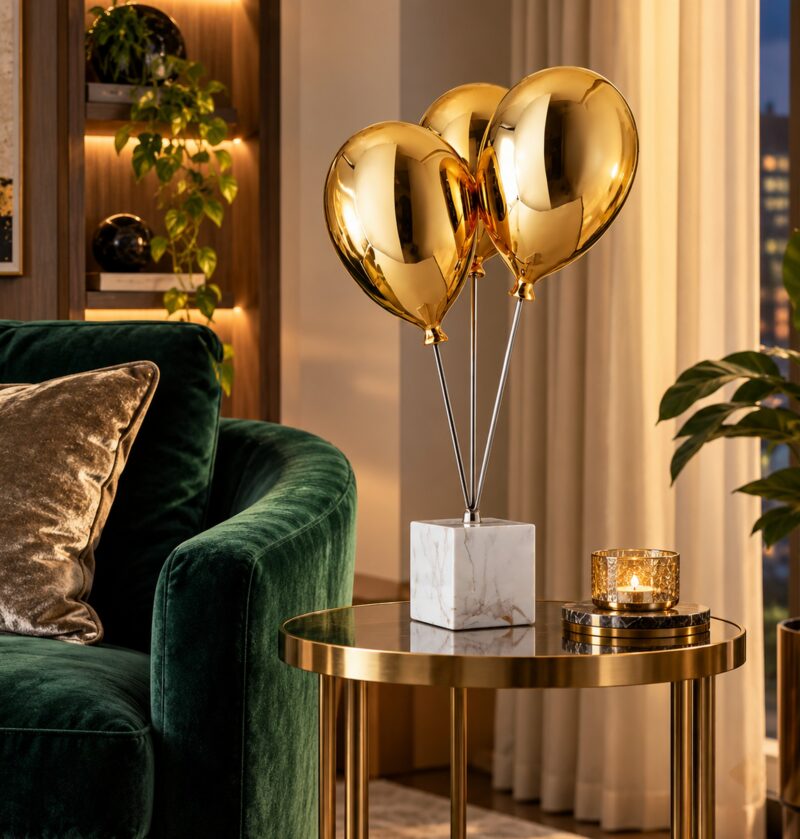 Figurka balony z żywicy 67 cm na marmurowej podstawie, dekoracja - elegancki salon z zielonym aksamitnym fotelem i złotym stolikiem, ciepłe światło