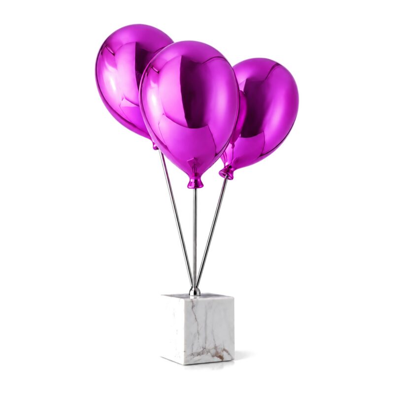 Figurka balony z żywicy 67 cm na marmurowej podstawie, dekoracja - wariant fioletowy na białym tle, bez linii wymiarowych