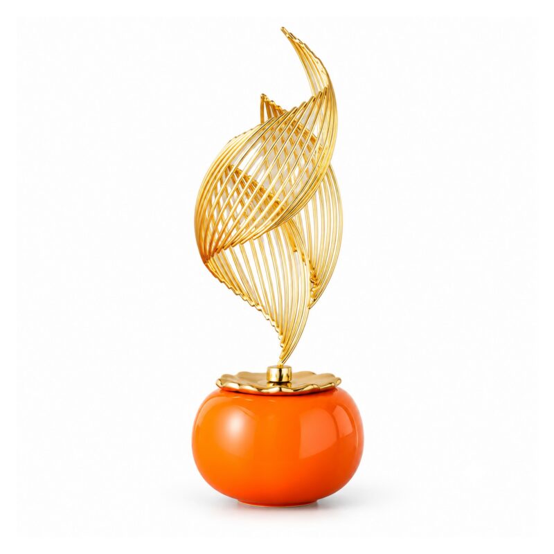 Figurka ceramiczna ze złotym liściem, nowoczesna dekoracja salonu - wariant liść na kuli 33,5 cm, pomarańczowy