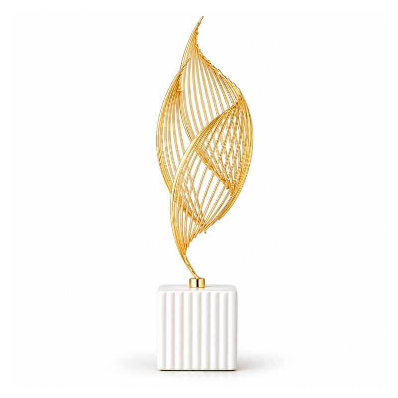 Figurka ceramiczna ze złotym liściem, nowoczesna dekoracja salonu - wariant liść na podstawie 38 cm, biały