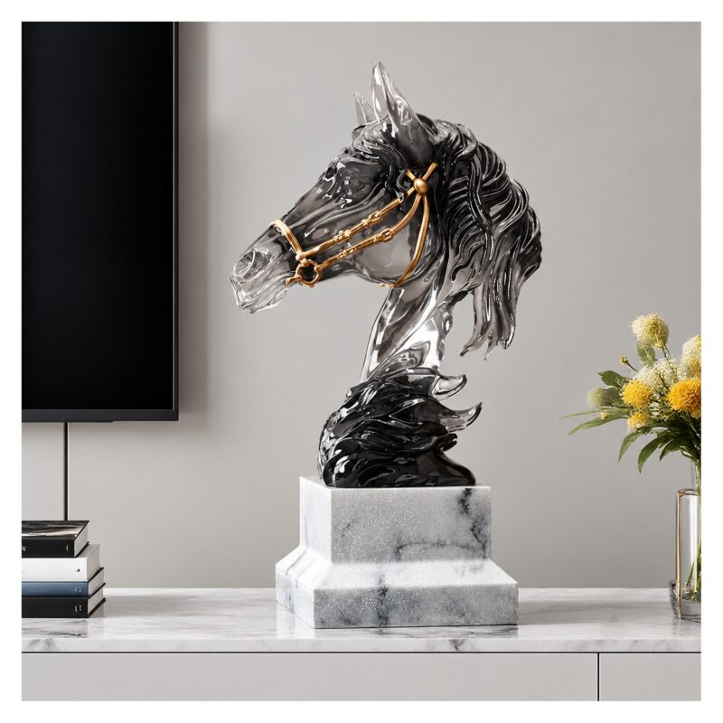 Figurka głowa konia 28 cm, przezroczysta żywica, złota uzda, podstawa - wariant wariant