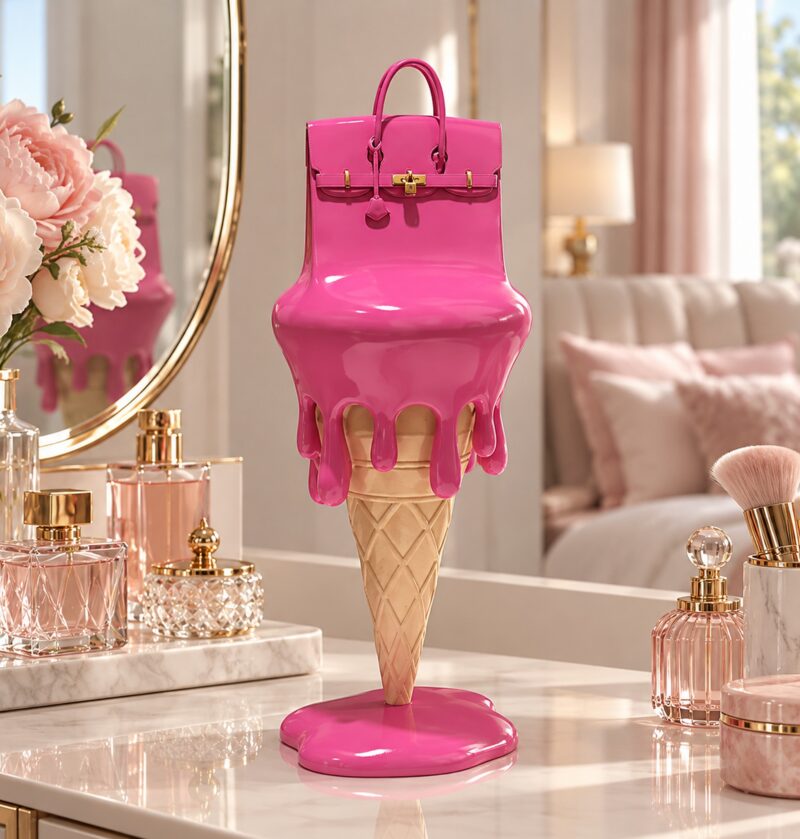 Figurka lody z torebką z żywicy 30,5 cm, rzeźba dekoracyjna pop-art - toaletka w sypialni w stylu glamour, różowa figurka obok lustra i flakonu perfum, realistyczna skala 30,5 cm