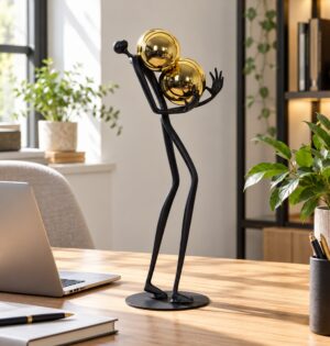 Figurka metalowa ludzik ze złotymi kulami 41 cm, czarna, na biurko - nowoczesne biurko z jasnego drewna, laptop i notes, figurka obok, światło dzienne