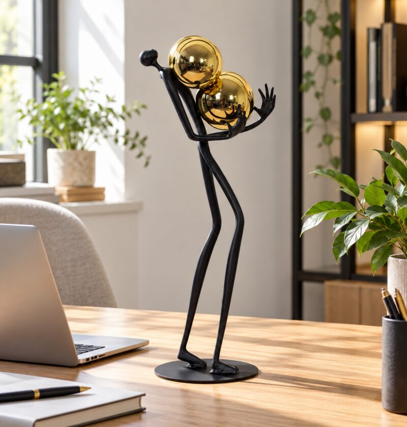 Figurka metalowa ludzik ze złotymi kulami 41 cm, czarna, na biurko - nowoczesne biurko z jasnego drewna, laptop i notes, figurka obok, światło dzienne