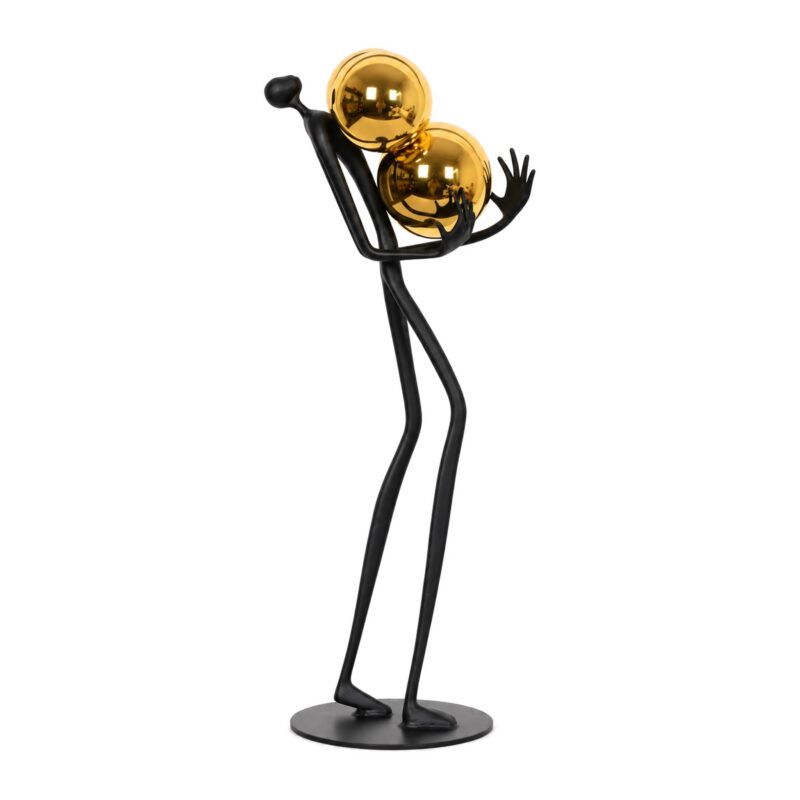 Figurka metalowa ludzik ze złotymi kulami 41 cm, czarna, na biurko - figurka z boku na białym tle, widoczna wydłużona sylwetka