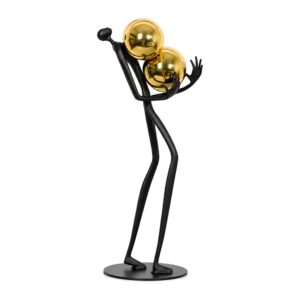 Figurka metalowa ludzik ze złotymi kulami 41 cm, czarna, na biurko - figurka z drugiego boku na białym tle, bez napisu w rogu
