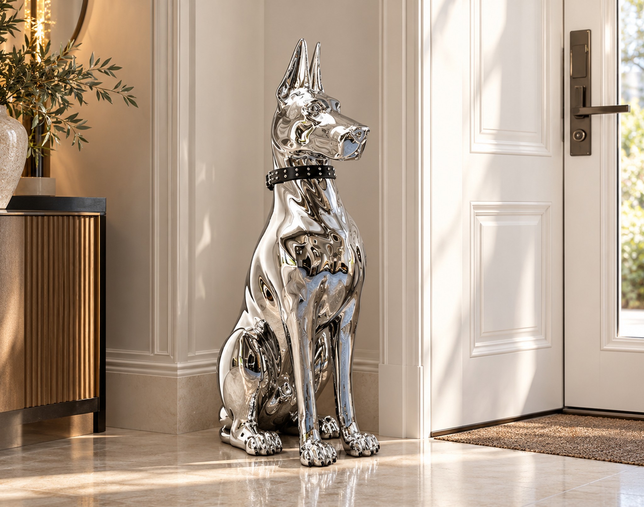 srebrny doberman w narożniku jasnego holu przy drzwiach wejściowych, jakby witał gości