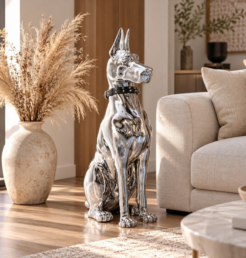 Figurka psa doberman lub dog 75 cm, srebrna żywica chrom, ozdoba podłogowa - nowoczesny salon w beżach i drewnie, srebrny doberman przy sofie obok wazonu z suchymi trawami, skala wys. 75 cm
