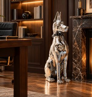 Figurka psa doberman lub dog 75 cm, srebrna żywica chrom, ozdoba podłogowa - elegancki gabinet z kominkiem z marmuru, srebrny doberman na parkiecie w jodełkę, wieczorne światło