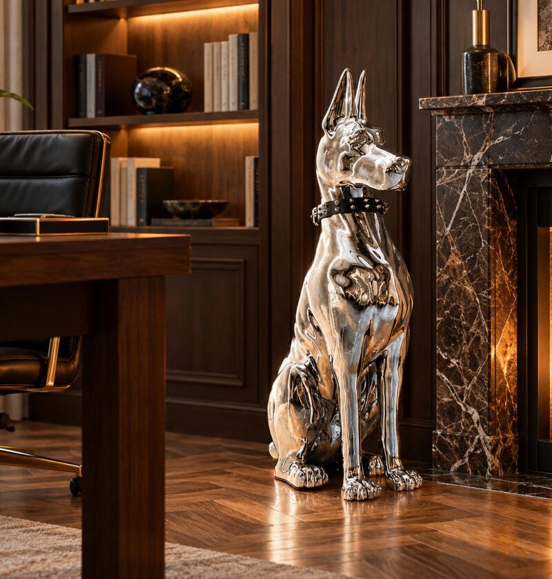 Figurka psa doberman lub dog 75 cm, srebrna żywica chrom, ozdoba podłogowa - elegancki gabinet z kominkiem z marmuru, srebrny doberman na parkiecie w jodełkę, wieczorne światło