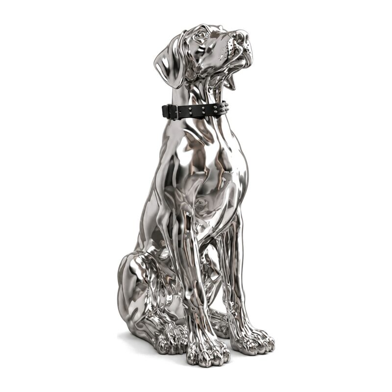 Figurka psa doberman lub dog 75 cm, srebrna żywica chrom, ozdoba podłogowa - srebrny dog z opadającymi uszami na białym tle, bez postumentu
