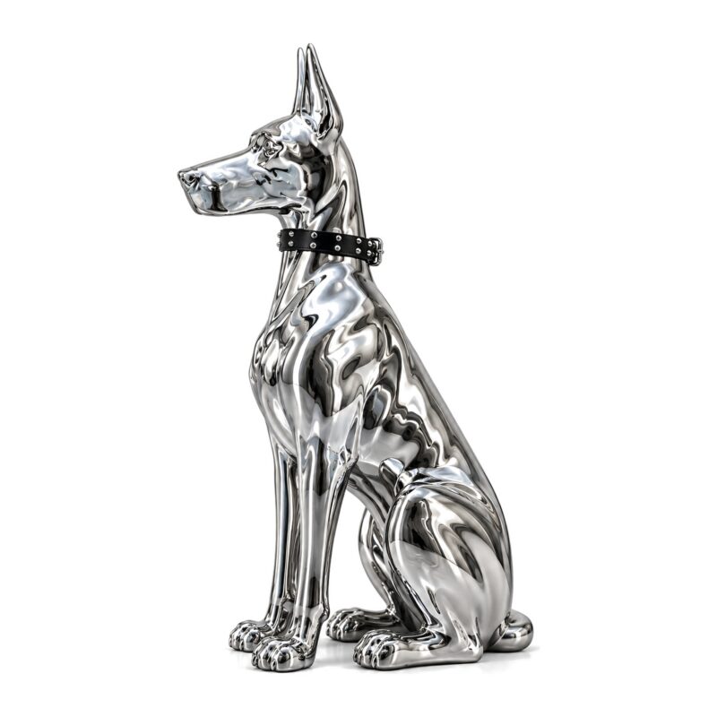 Figurka psa doberman lub dog 75 cm, srebrna żywica chrom, ozdoba podłogowa - srebrny doberman z profilu na białym tle