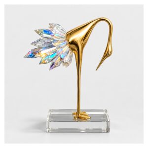Figurka żurawia z mosiądzu i kryształu, złota, 24-37 cm, ozdoba na biurko - wariant pochylony 24 cm