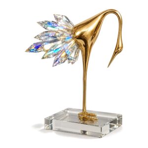 Figurka żurawia z mosiądzu i kryształu, złota, 24-37 cm, ozdoba na biurko - pochylony żuraw na białym tle