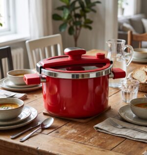 Garnek ciśnieniowy ceramiczny 26 cm 7 l do zup i mięsa, na indukcję - czerwony garnek na drewnianym stole z zupą