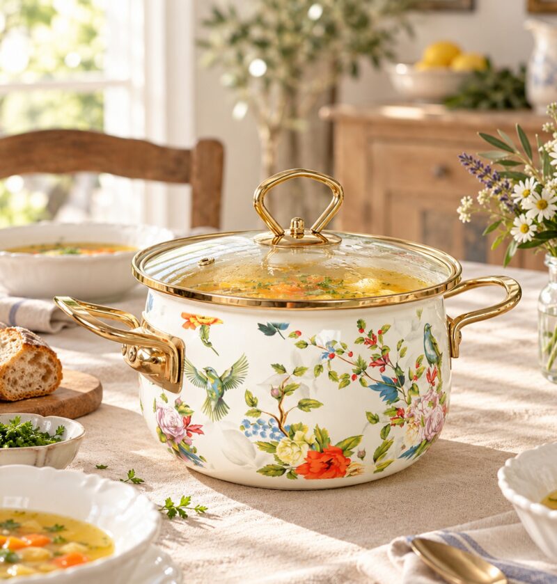 Garnek emaliowany retro w kwiaty ze szklaną pokrywą, 2-5,5 l - stół jadalniany z zupą w garnku