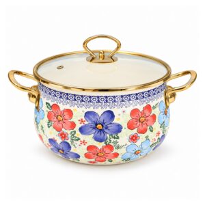 Garnek emaliowany retro w kwiaty ze szklaną pokrywą, 2-5,5 l - wariant kolorowe kwiaty, 22 cm, 4,5 l