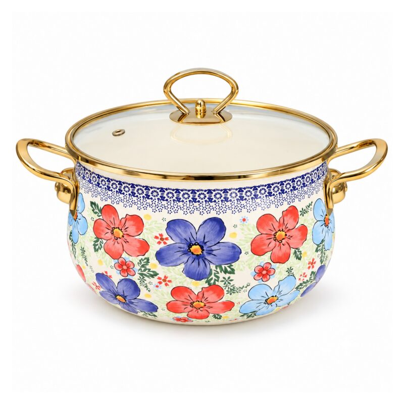 Garnek emaliowany retro w kwiaty ze szklaną pokrywą, 2-5,5 l - wariant kolorowe kwiaty, 22 cm, 4,5 l