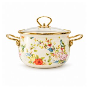 Garnek emaliowany retro w kwiaty ze szklaną pokrywą, 2-5,5 l - wariant ptaki i kwiaty, 22 cm, 3,6 l