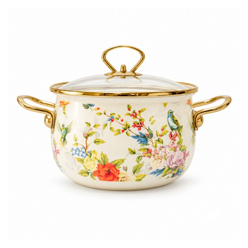 Garnek emaliowany retro w kwiaty ze szklaną pokrywą, 2-5,5 l - wariant ptaki i kwiaty, 22 cm, 3,6 l