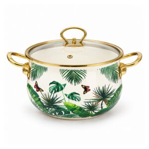 Garnek emaliowany retro w kwiaty ze szklaną pokrywą, 2-5,5 l - wariant liście tropikalne, 22 cm, 4,5 l