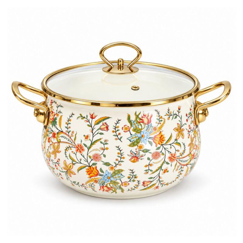 Garnek emaliowany retro w kwiaty ze szklaną pokrywą, 2-5,5 l - wariant drobne kwiaty, 22 cm, 4,5 l