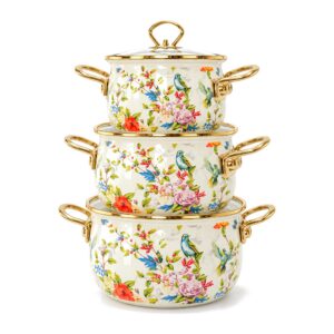 Garnek emaliowany retro w kwiaty ze szklaną pokrywą, 2-5,5 l - trzy garnki ustawione jeden na drugim