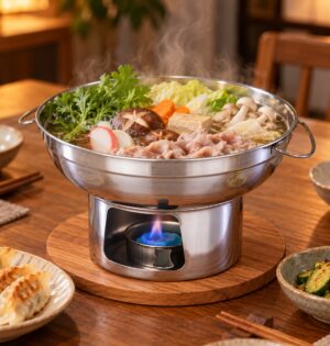 Garnek hot pot z podstawą na podgrzewacz 20 lub 22 cm, stal nierdzewna - stół z przystawkami, srebrny hot pot z bulionem, mięsem i warzywami