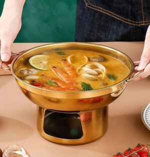 Garnek hot pot z podstawą na podgrzewacz 20 lub 22 cm, stal nierdzewna - kolacja w ciepłym świetle, złoty hot pot z zupą z krewetkami