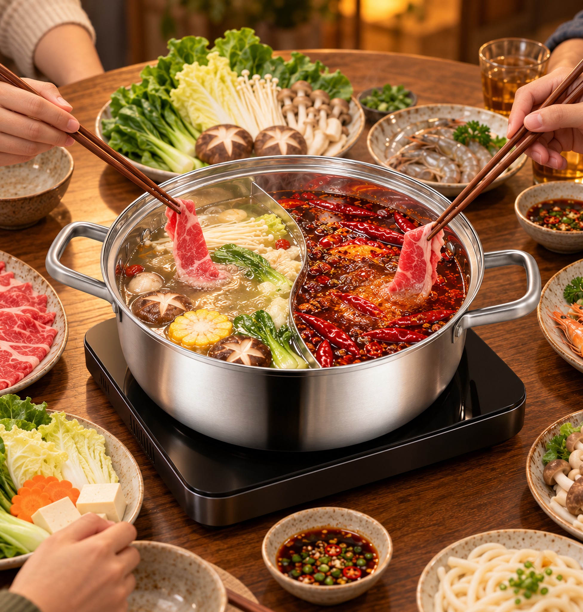 stół z garnkiem hot pot i talerzami składników, kilka osób przy kolacji