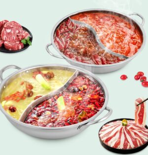Garnek do hot pot z przegrodą 28 lub 34 cm, stal 304, szklana pokrywa - dwa buliony, mięso i warzywa