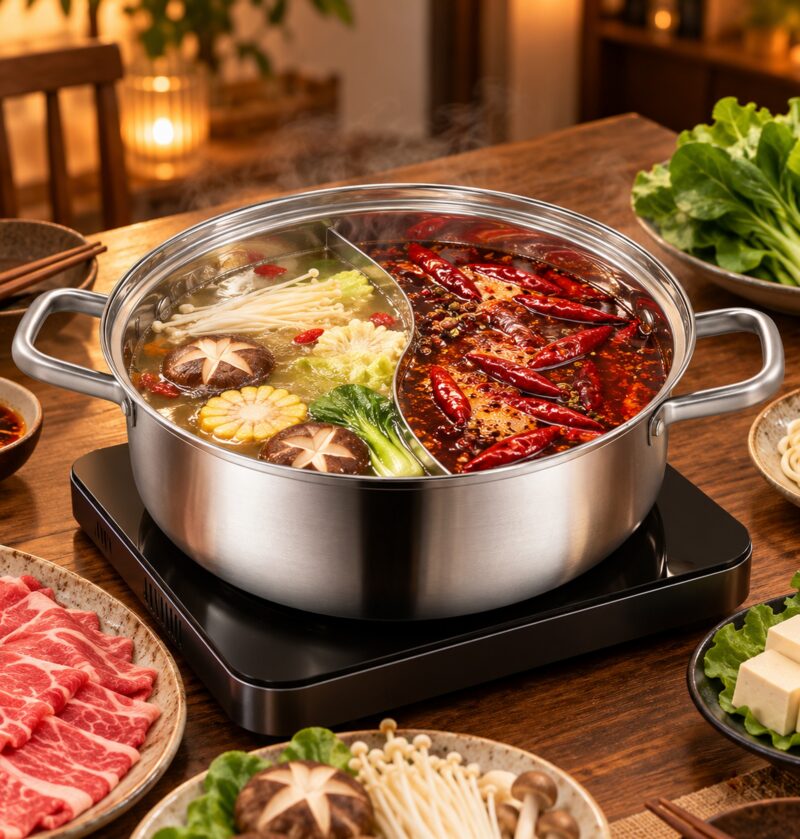 Garnek do hot pot z przegrodą, stal nierdzewna 304, szklana pokrywa - stół z hot potem i składnikami, wieczorna kolacja