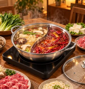 Garnek do hot pot z przegrodą 28 lub 34 cm, stal 304, szklana pokrywa - garnek z dwoma bulionami na płycie indukcyjnej na stole jadalnianym