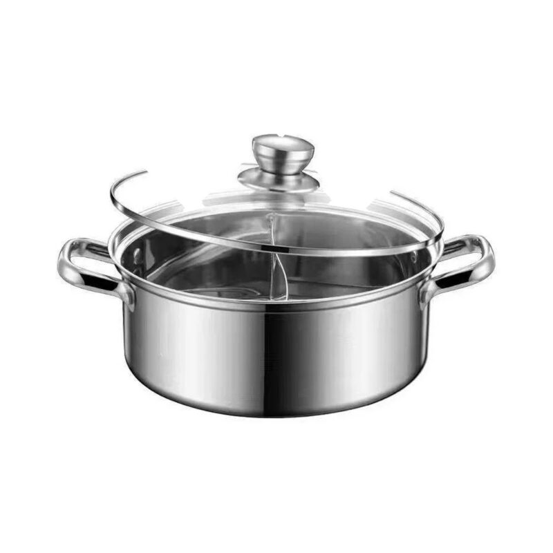 Garnek do hot pot z przegrodą, stal nierdzewna 304, szklana pokrywa - wariant 32 cm, z przegrodą
