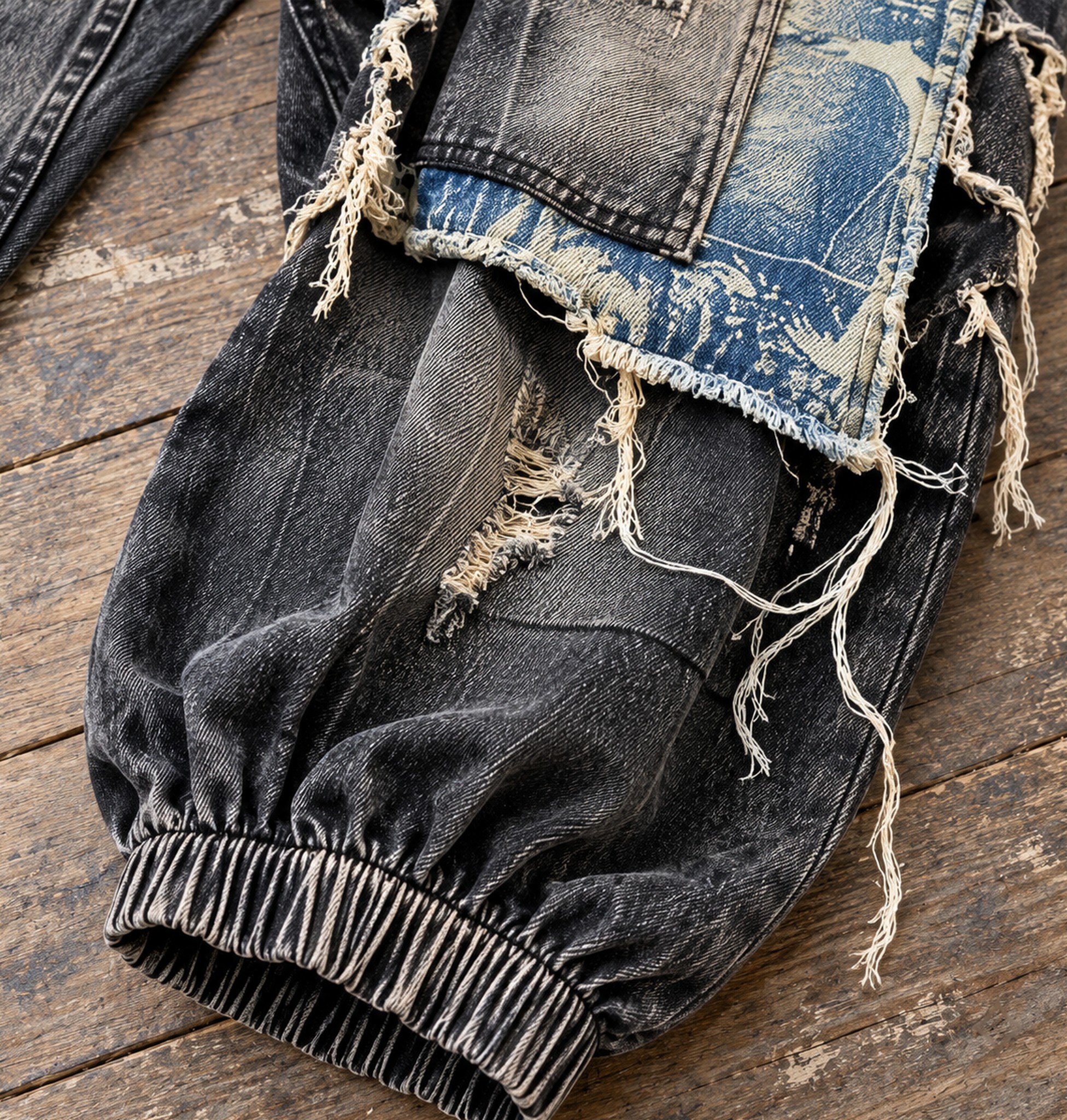 sprany denim z przetarciami, postrzępione nitki i ściągacz przy kostce