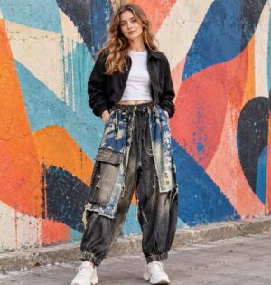Jeansy cargo damskie z przetarciami i kieszeniami, luźne, vintage - miejska ulica z graffiti, modelka w krótkiej kurtce i sneakersach