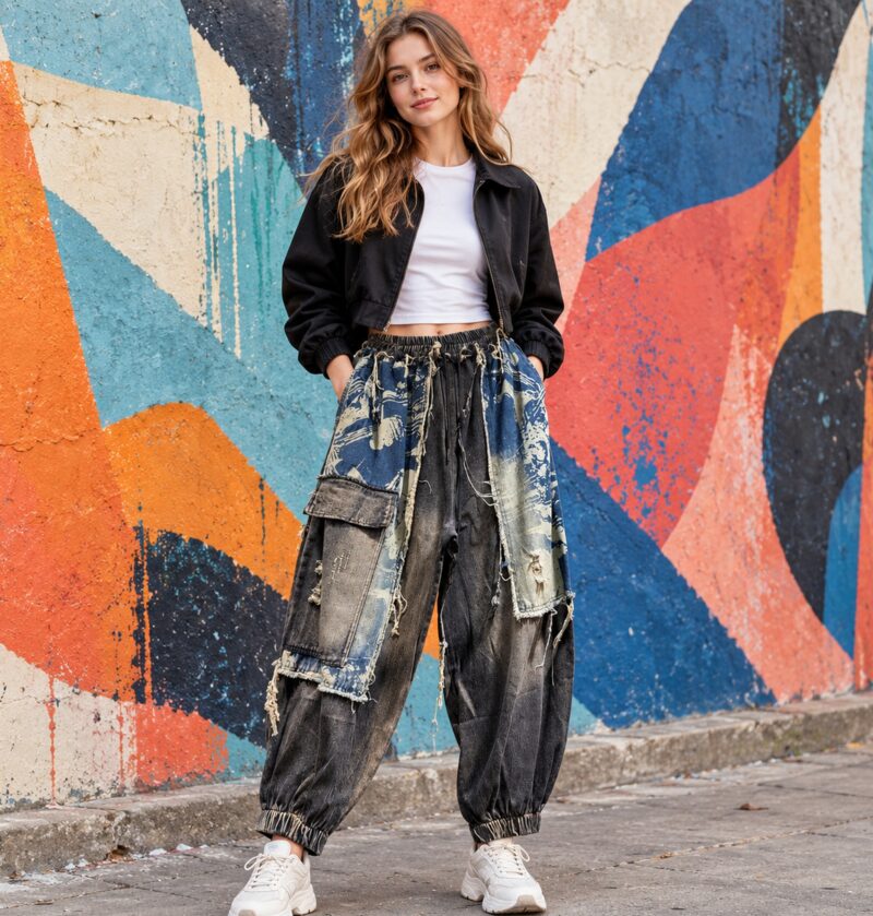 Jeansy cargo damskie z przetarciami i kieszeniami, luźne, vintage - miejska ulica z graffiti, modelka w krótkiej kurtce i sneakersach