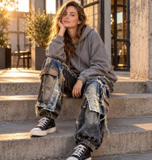 Jeansy cargo damskie z przetarciami i kieszeniami, luźne, vintage - industrialny dziedziniec o zachodzie słońca, modelka w szarej bluzie