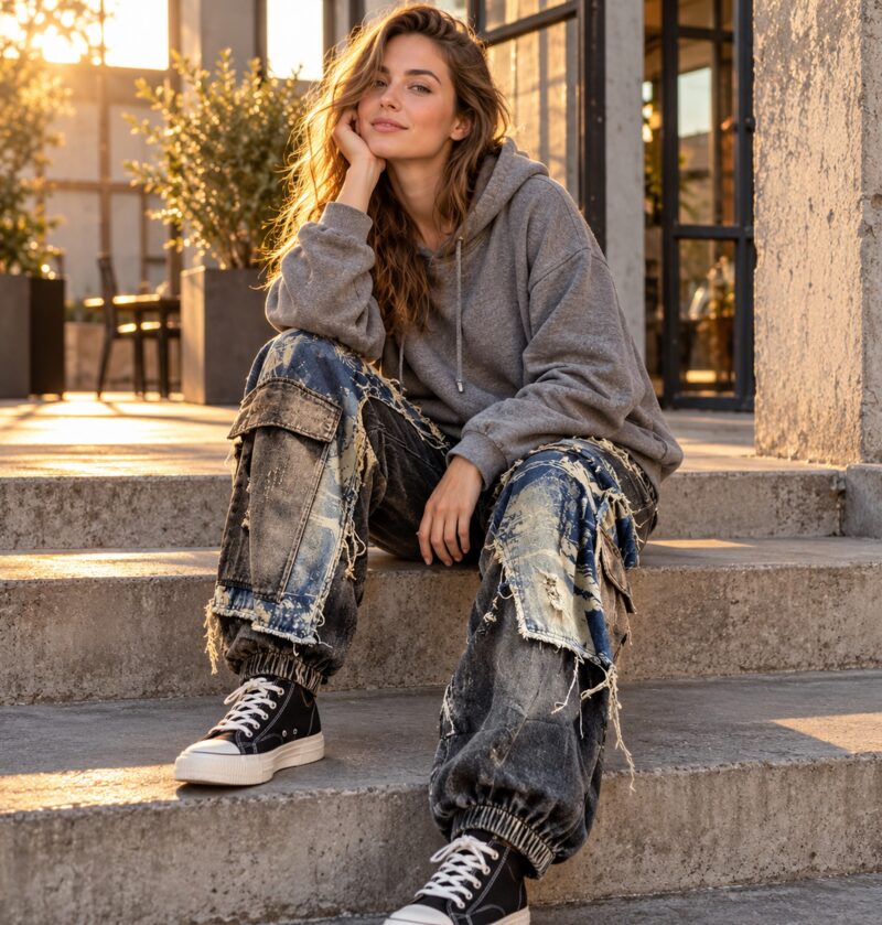 Jeansy cargo damskie z przetarciami i kieszeniami, luźne, vintage - industrialny dziedziniec o zachodzie słońca, modelka w szarej bluzie