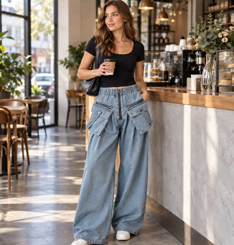 Jeansy cargo damskie szerokie, kieszenie na zatrzaski, stan na gumce - sesja na jesiennej ulicy miasta, modelka w ciemnoszarych spodniach i krótkiej kurtce, bez logo